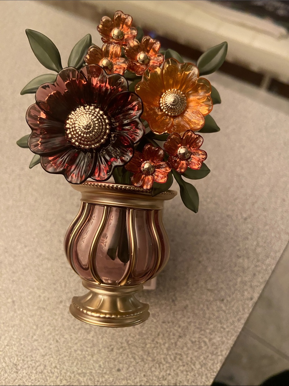 Ornate Glass Flower Bouquet in Amber and Burgundy Home light up wallflower